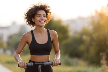 Young woman rides ecological transport on sunny day Generative AI