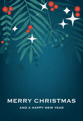 A holiday card with a festive design with green leaves, red holly berries, and white stars, along with the text 'Merry Christmas and a Happy New Year' on dark blue background.