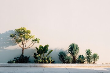 Serene Minimalist Garden - Green Plants Casting Long Shadows on a Warm White Wall.