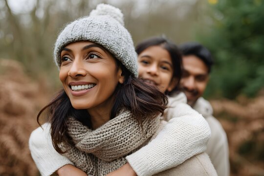 South Asian mother carrying daughter during family outing Generative AI - Powered by Adobe