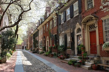 Fototapeta premium Philadelphia Homes: Historic Colonial Buildings in Society Hill Street Scene
