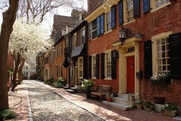 Naklejka premium Philadelphia Homes: Historic Society Hill Colonial Buildings in Spring City Landscape