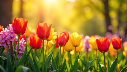 Obraz premium Spring Blooms Vibrant Tulips, Daffodils, and Hyacinths Bask in Sunlight, a Cheerful and Energetic Burst of Color Celebrating the Arrival of Spring