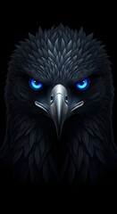 Majestic black eagle with piercing blue eyes staring intensely into the soul, a symbol of power and freedom for your next impactful design project