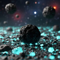 Explore a stunning cosmic landscape with glowing gems and rocky asteroids, perfect for sci-fi projects and space exploration visuals that captivate audiences