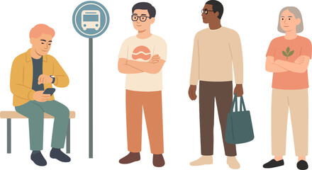 A group of people at a bus stop, with one using their phone, another waiting casually, and two others standing and chatting.