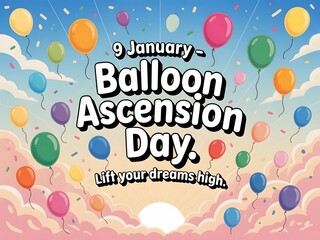 Colorful Hot Air Balloon Ascension Day Poster with Bright Sky and Adventure Spirit for 9 January Celebration