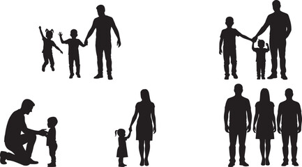 Family silhouettes showing parenting, guidance, emotional bonding, caregiving, interaction, black figures, lifestyle concept, isolated, children, adults, white background