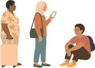 A diverse group of people waiting for transportation, with one holding luggage, another using a smartphone, and one sitting, depicting the modern travel experience.