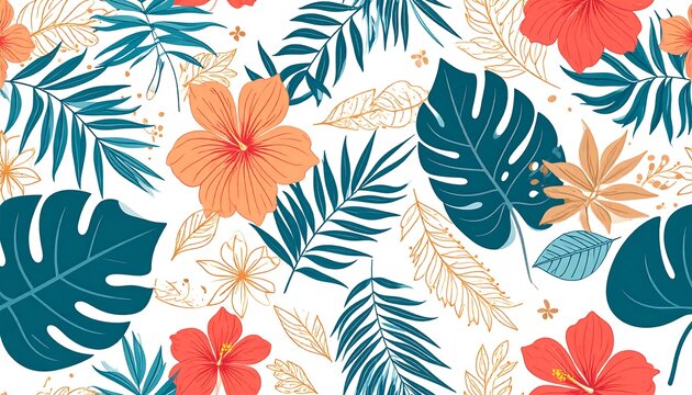 Vibrant, dense floral pattern with bold, stylized hibiscus blooms and lush tropical leaves against a clean white background - Powered by Adobe