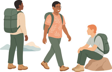 People hiking with backpacks in nature, featuring one resting, one walking, and another standing with mountains in the background, enjoying outdoor adventures.