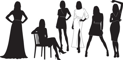 Obraz premium Fashion silhouettes of women in stylish outfits, elegant poses, high heels, body posture, black figures, lifestyle concept, isolated, white background
