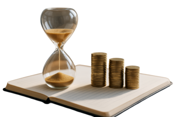 Hourglass and gold coin stacks on open notebook, clean isolated style on white background, concept of time and money management. Ai generative