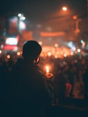 Many people in the square hold candles outside at night.