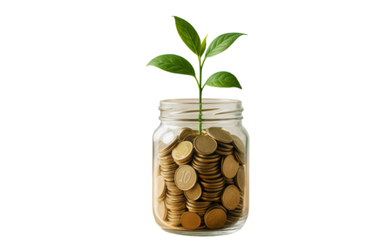 Jar full of coins with a green plant growing on top, isolated style on a white background, concept of finance growth and savings, Ai generative - Powered by Adobe