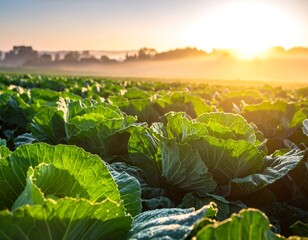 Cabbage field bathed in golden sunlight with hazy background and dew drops on leaves