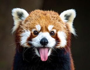 Close-up of a red panda with its tongue out, looking directly at the viewer against a blurred, dark background