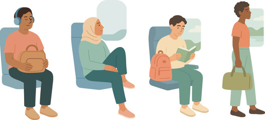People traveling by train, relaxing, reading, listening to music, and walking, showcasing diverse passengers enjoying their journey in a comfortable setting.