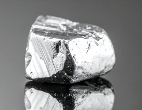 Close-up of a reflective silver mineral specimen on a dark, mirrored surface showcasing its texture and gleam