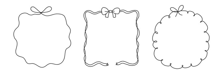 Square bow ribbon frame collection. Hand drawn border. Cute doodle drawing. Modern minimalist art. Coquette elegant romantic design element for Valentines Day, Wedding, Birthday. Vector illustration