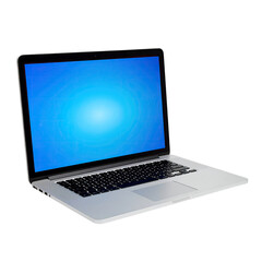 Angled shot of a silver laptop with a glowing blue screen, against a black background