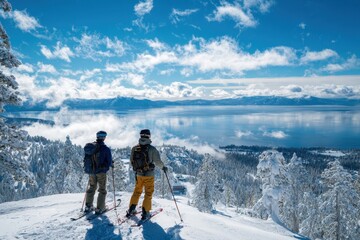Skiing Tahoe: Two Active Middle-Aged Men on Skis Admiring the California Mountains