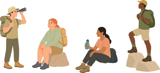 People on a hiking trip, resting, exploring with binoculars, and climbing rocks during an adventurous outdoor journey.