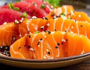Close-up of sashimi salmon and tuna slices garnished with sesame seeds on a plate. Healthy food