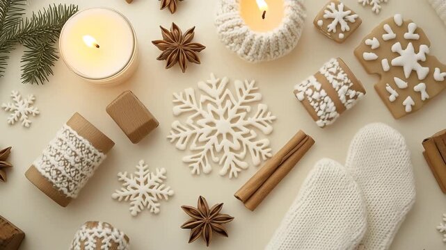 Flat lay of cozy winter holiday decorations with candles, snowflakes, cookies, cinnamon sticks, and knitted mittens with smooth camera movement