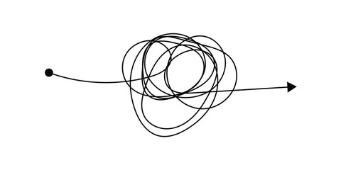 Messy lines. Complicated scribble path, messy tangle, doodle knot as thought from complex to easy solution. Confused brain problems. Labyrinth and chaos vector concepts vector illustration in eps 10.