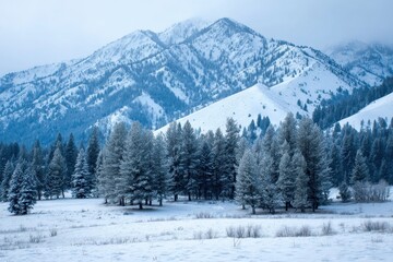 Snowy Mountains Idaho. Winter Wonderland Landscape near Ketchum with Snowfall and Forest Background