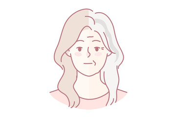 Young and old grey-haired woman aging process. Female in younger and older ages. Vector illustration.