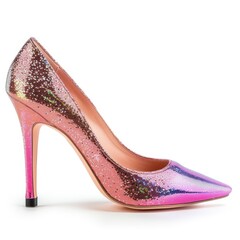 Obraz premium Shiny pink high heels with glitter standing on a white background