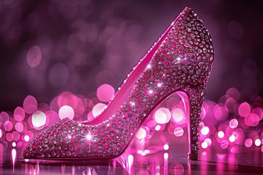 Pink high heel shoe covered in rhinestones sparkling on a pink bokeh background, perfect for fashion and luxury concepts
