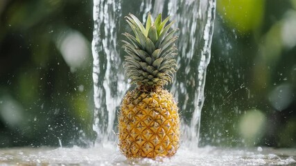 Golden Pineapple Under Fresh Flowing Water on Light Surface with Blurred Green Foliage Background - Powered by Adobe