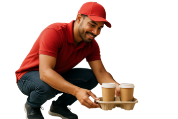 Man in red uniform crouching with coffee cup tray, isolated style on white background. Clean concept for delivery, service, or takeaway. Ai generative