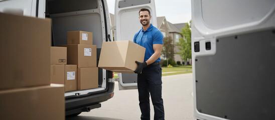 A professional delivery worker smiles confidently as he loads cardboard box into van, showcasing a seamless process. The boxes represent efficiency.