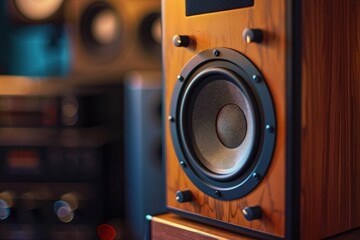 Wooden high fidelity audio speaker playing music in professional recording studio
