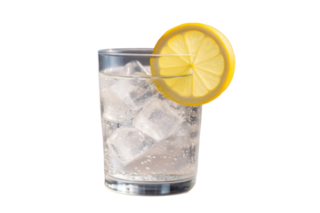 Glass of sparkling water with ice cubes and lemon slice, isolated style on white background, concept of refreshment and beverage element. Ai generative.