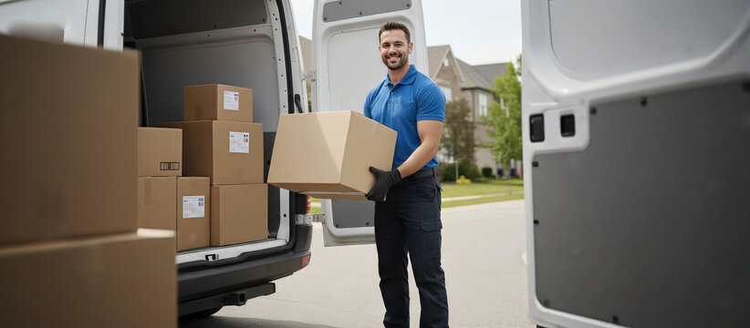 A professional delivery worker smiles confidently as he loads cardboard box into van, showcasing a seamless process. The boxes represent efficiency. - Powered by Adobe