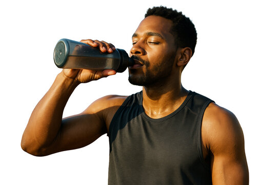 Fit man in sportswear drinking water from a bottle, isolated photo style on white background, concept of hydration and healthy lifestyle, Ai generative - Powered by Adobe