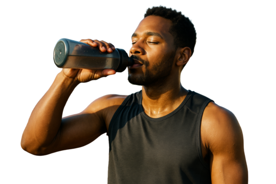 Fit man in sportswear drinking water from a bottle, isolated photo style on white background, concept of hydration and healthy lifestyle, Ai generative