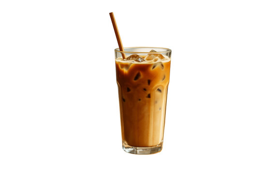 Cold iced coffee latte with ice cubes in tall transparent glass and straw, isolated on white background, concept of refreshing drink. Ai generative