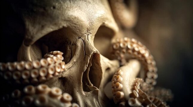 Skull entwined with tentacles creates a macabre and eerie visual art piece.