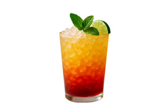 Refreshing tropical cocktail with crushed ice, mint garnish, and lime slice in a gradient drink, isolated on white background. Ai generative