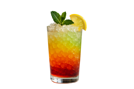 Rainbow iced cocktail with lemon and mint, isolated style on white background. Concept of refreshing beverage element for design. Ai generative