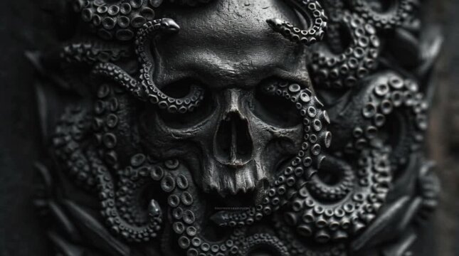 Stone skull entwined with octopus tentacles creates a dark fantasy vibe