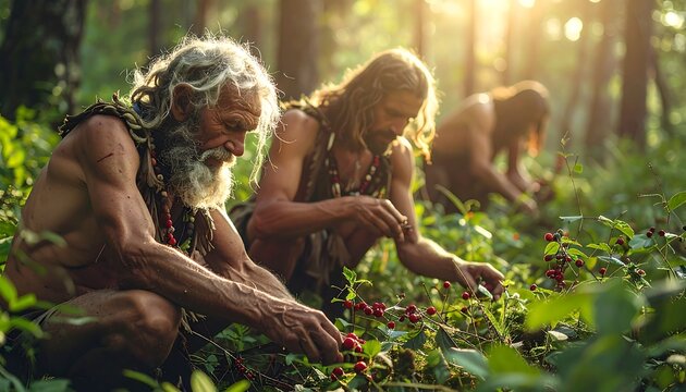 Three people foraging in a sunlit forest