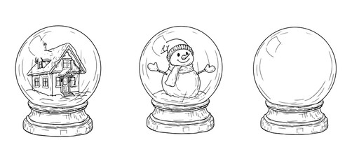 Glass ball on a stand,sketch. Vector illustration. Set of Christmas balls with a house, snowman, and snow, isolated on white background. Concept for New Year's gifts, cards, invitations, and textiles