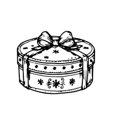 New-made round gift box with a bow, sketch. Vector illustration. Festive gift and candy packaging, isolated on a white background. Food and cuisine theme of Christmas, New Year and holidays